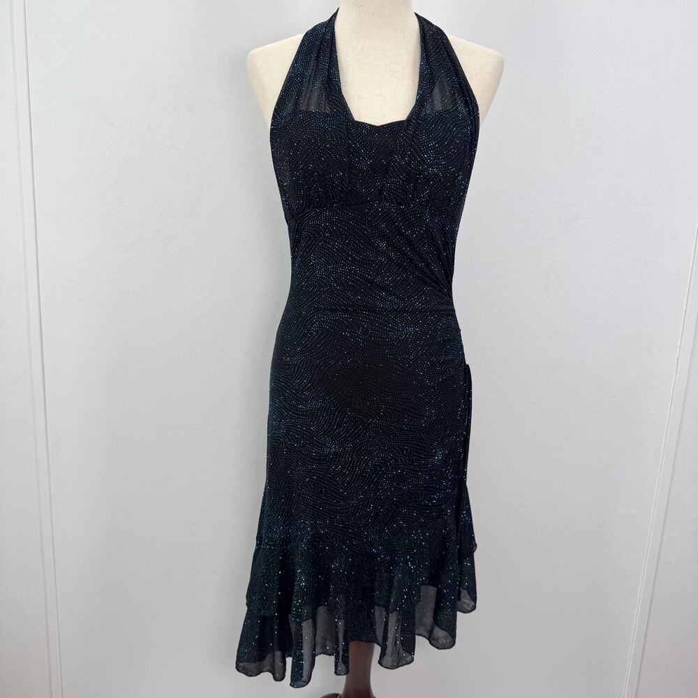 VTG Taboo Y2k Ruched Asymmetrical Halter Dress Sparkly Blue Fairy Coquette sz L